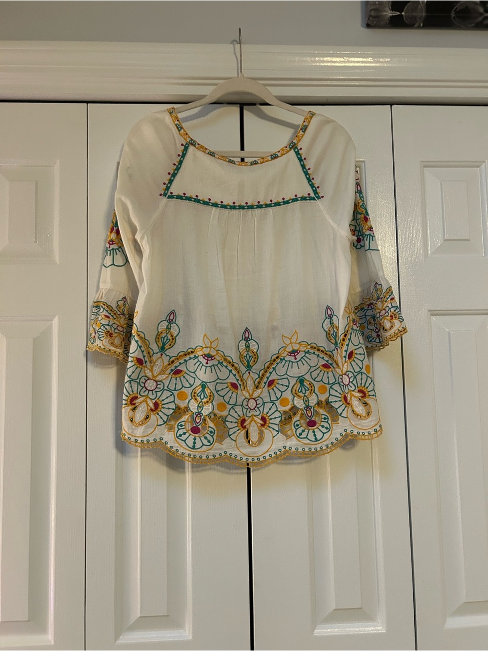 Embroidered White Cotton Peasant Top with Yellow & Teal Accents - Picture 5 of 8